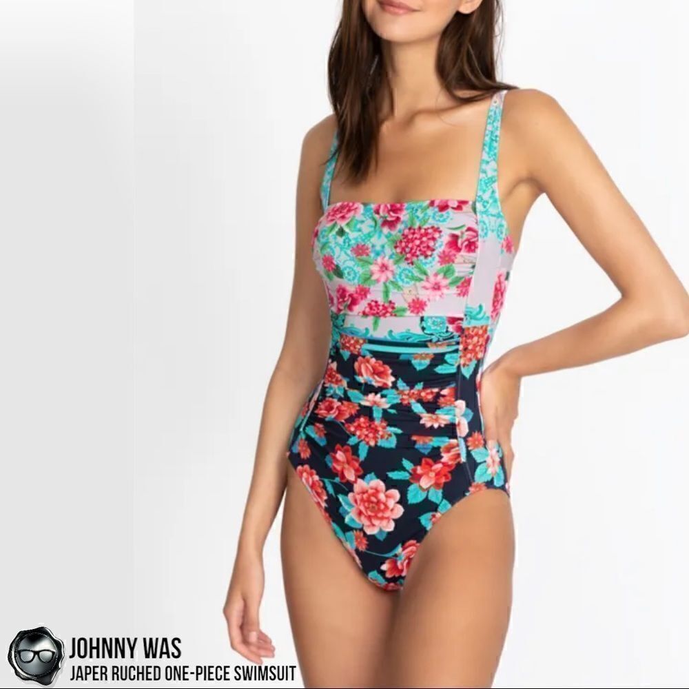 JOHNNY WAS JAPER RUCHED ONE PIECE SWIMSUIT IN FLORAL BLUE RED SMALL, LARGE NEW - Picture 5 of 16